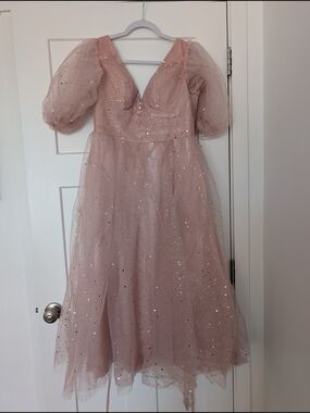 Blush Pink Tulle Sparkle Stars Midi Dress